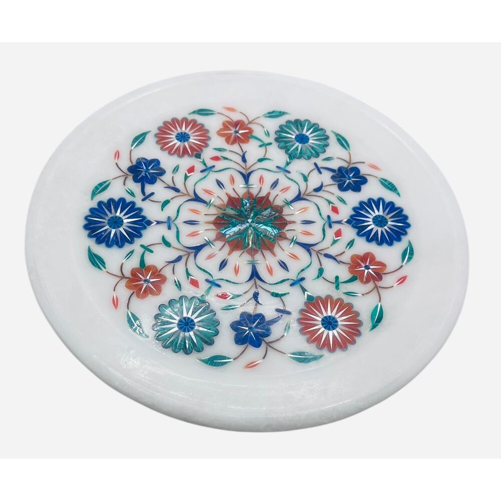 Ashi Couture White Marble Plate 10” Semi Precious Inlay Stone Floral Pattern